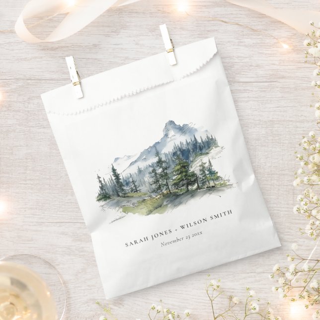 Blue Green Woods Mountain Landscape Sketch Wedding Favour Bag (Clipped)
