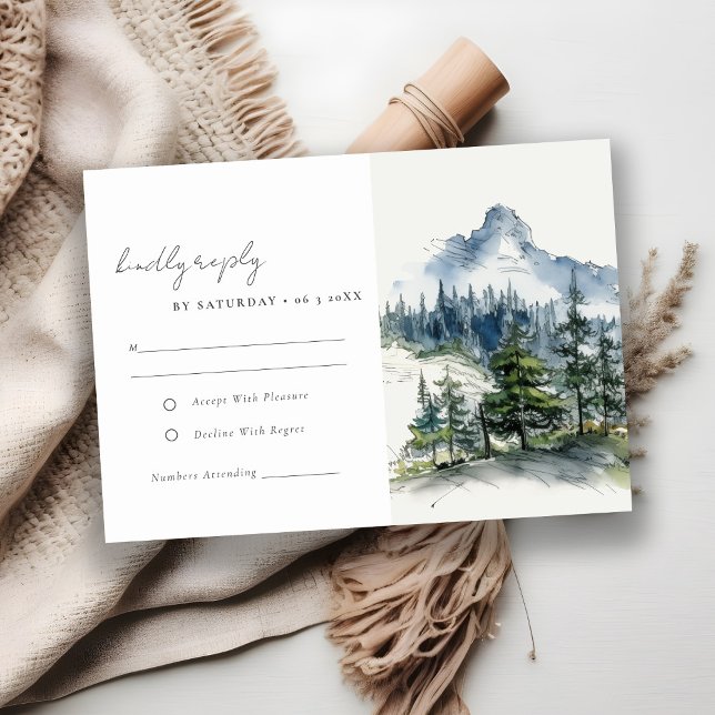 Blue Green Woods Mountain Landscape Sketch Wedding RSVP Card (Creator Uploaded)