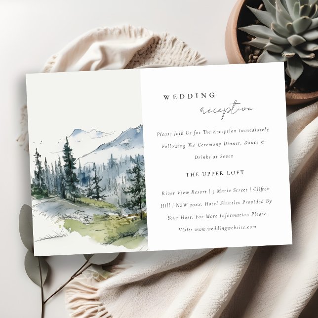 Blue Green Woods Mountain Sketch Wedding Reception Enclosure Card (Creator Uploaded)