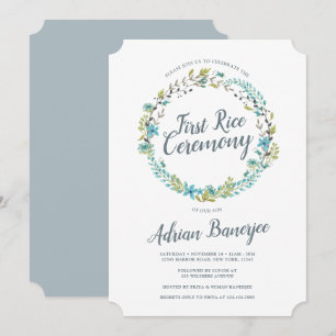 Blue Green Wreath First Rice Ceremony Invitation