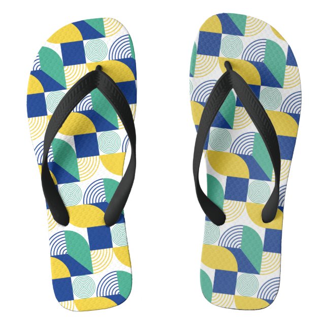 Blue Green Yellow Abstract Geometric Pattern Flip Flops (Footbed)