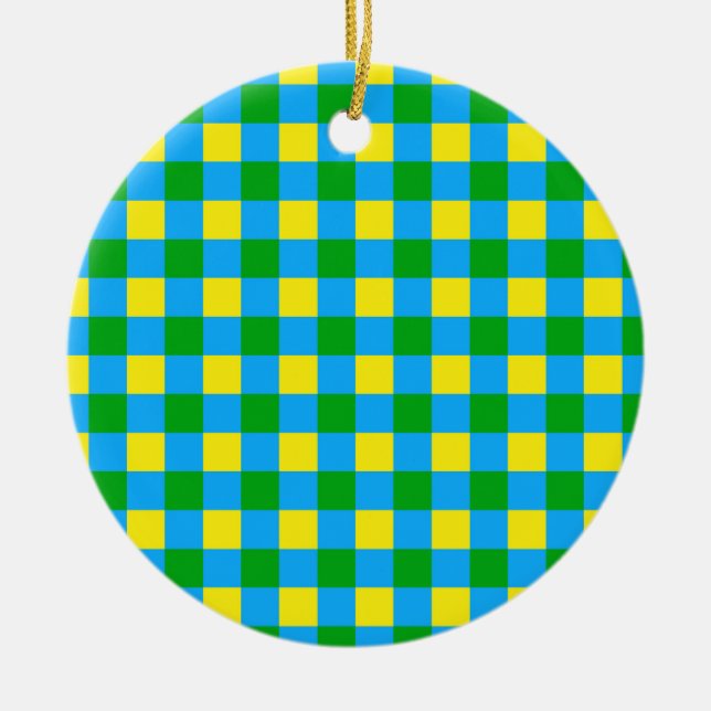 Blue Green Yellow Check Plaid Pattern Design  Ceramic Ornament (Front)