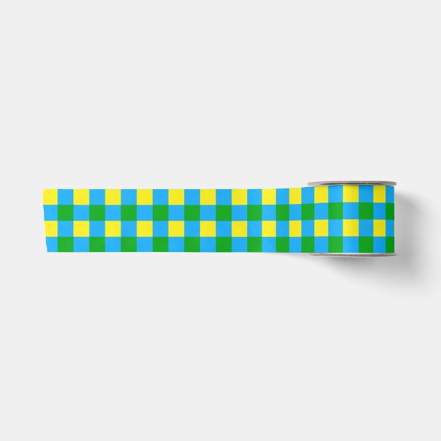 Blue Green Yellow Check Plaid Pattern Design  Satin Ribbon (Front)
