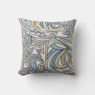 Blue Green Yellow Lattice-Hand Painted Abstract Throw Pillow
