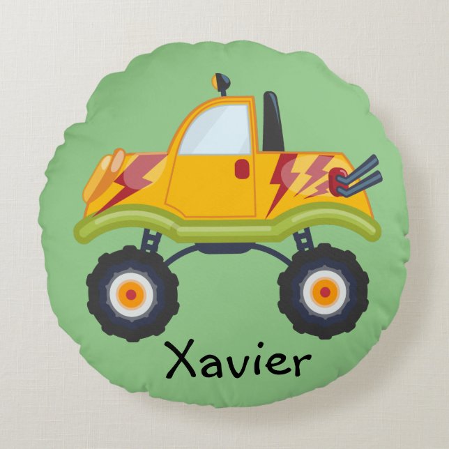 Blue Green Yellow Monster Truck Boys Personalized Round Pillow (Front)