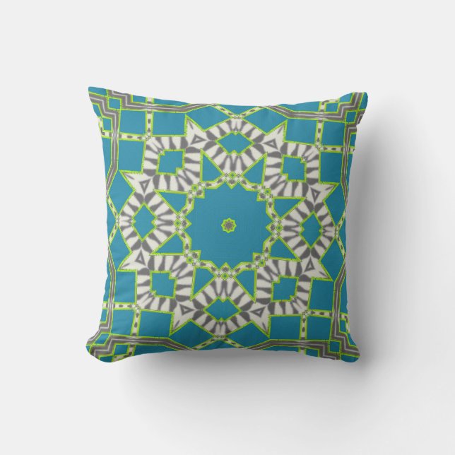 Blue Green Zebra Diamond Kaleidoscope Pattern Throw Pillow (Front)