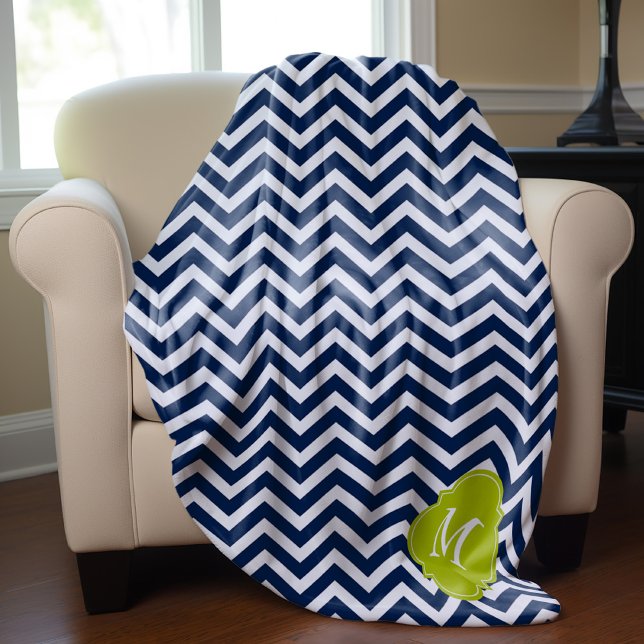 Blue & Green Zigzag Pattern Monogram Fleece Blanket (Creator Uploaded)