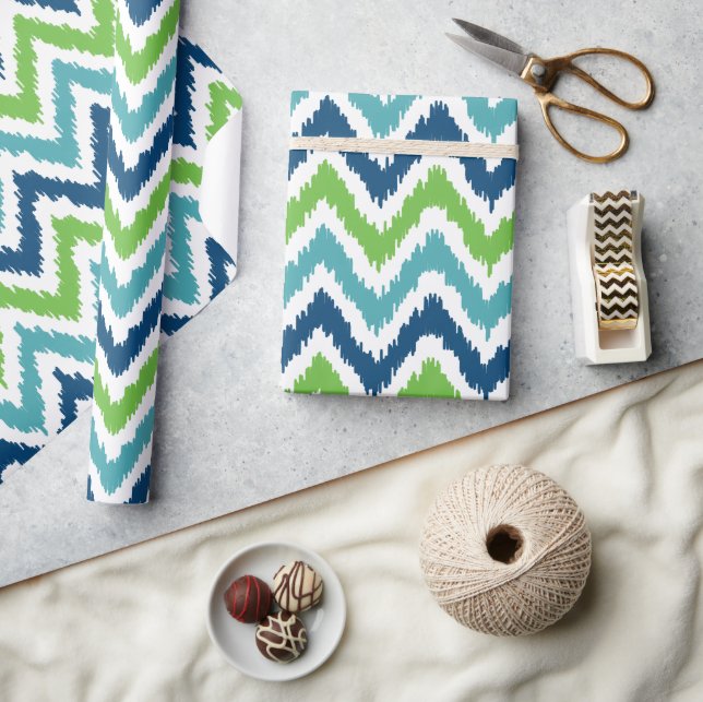 Blue Green Zigzags Ikat Pattern Wrapping Paper (Crafts)