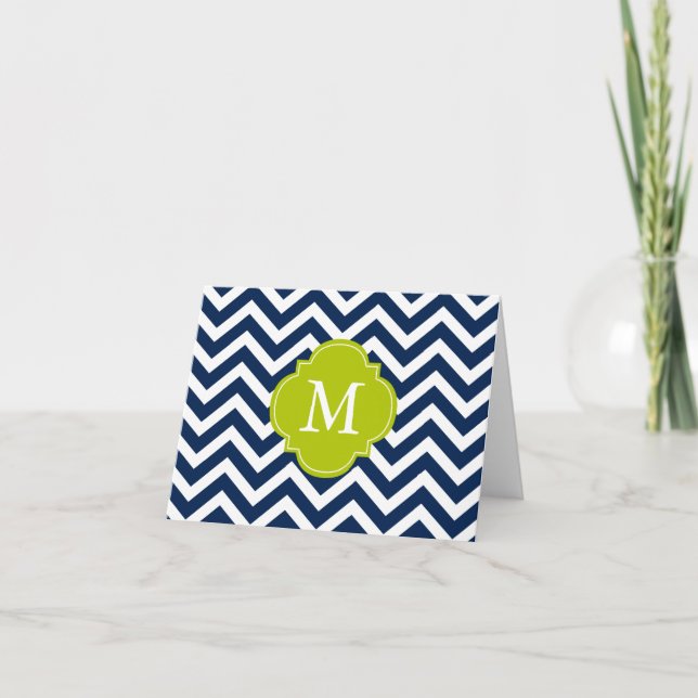Blue & Green Zigzags Pattern Monogram Note Card (Front)