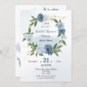 blue greenery botanical wreath bridal shower invitation