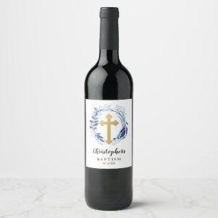 Blue Greenery Cross Wine Bottle Label