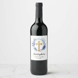 Blue Greenery Cross Wine Bottle Label