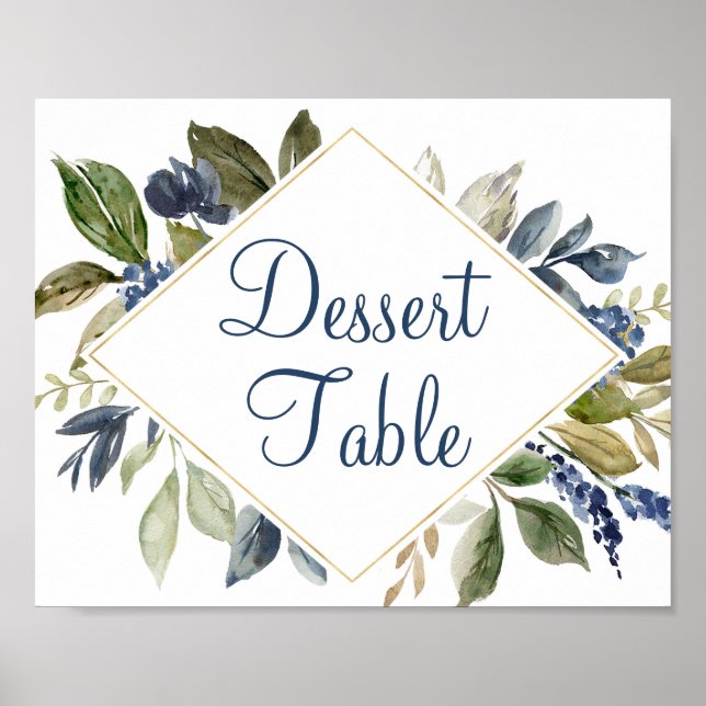 Blue greenery gold foliage dessert table sign (Front)