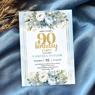 Blue Greenery Gold Glitter 90th Birthday Invites