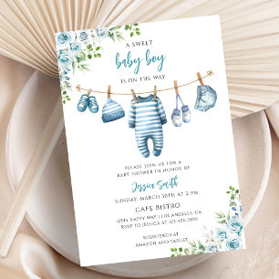 Blue Greenery Laundry Line Baby Shower Boy Invitation
