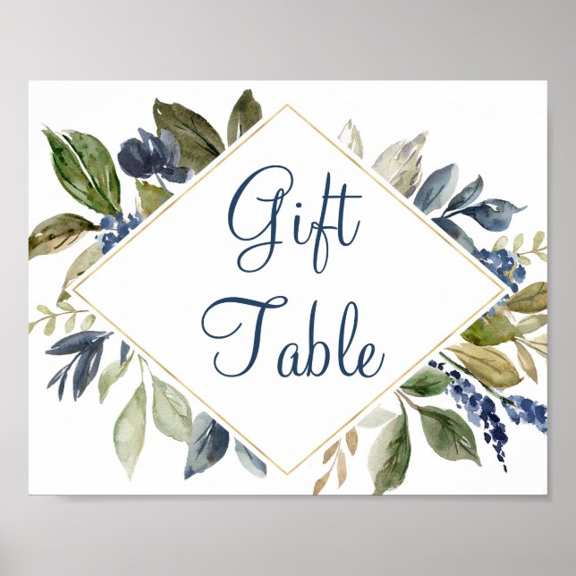 Blue greenery leaves gold foliage gift table sign (Front)