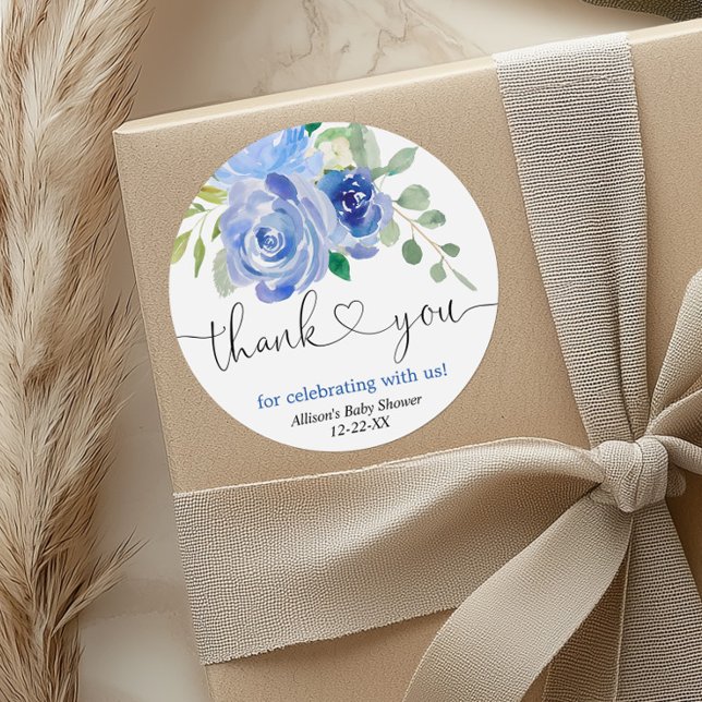 Blue greenery white floral thank you classic round sticker (Creator Uploaded)