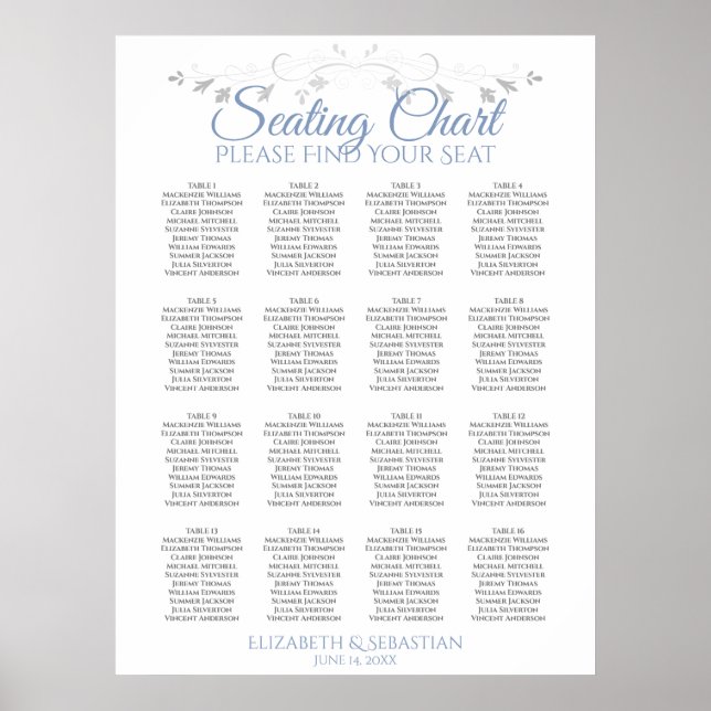 Blue & Grey 16 Table Wedding Seating Chart (Front)
