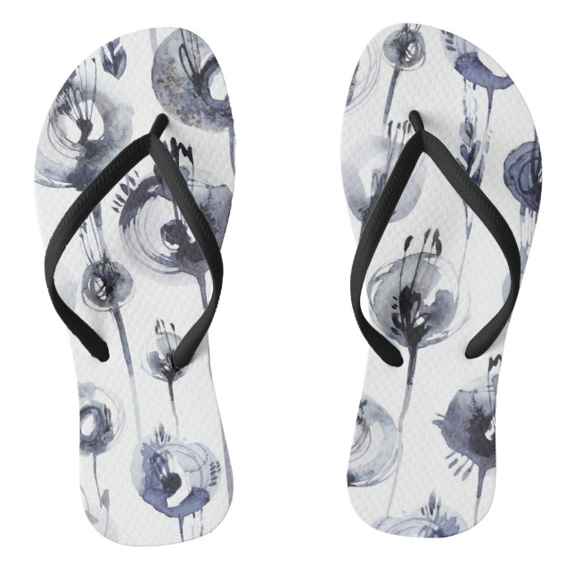 Blue grey abstract flower feather graphic pattern flip flops (Footbed)