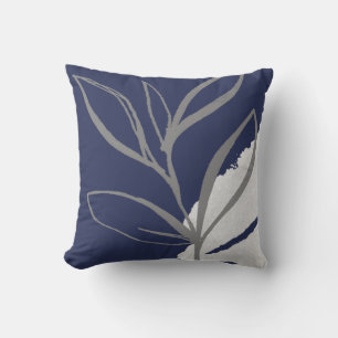 Blue & Grey Abstract Watercolor Leaves Throw Pillow