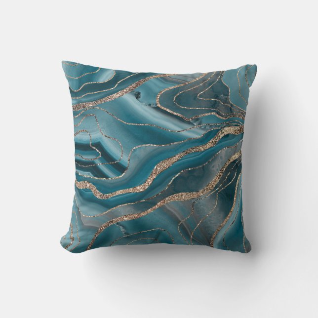 Blue Grey Agate Gold Glitter Glam #1 Throw Pillow (Front)