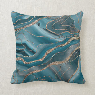 Blue Grey Agate Gold Glitter Glam #1 Throw Pillow