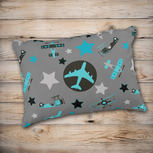 Blue Grey Airplanes Pattern Accent Pillow
