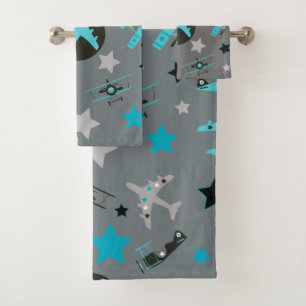 Blue Grey Airplanes Pattern Personalized Bath Towel Set