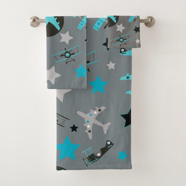 Blue Grey Airplanes Pattern Personalized Bath Towel Set (Insitu)