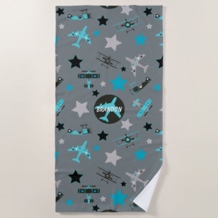 Blue Grey Airplanes Pattern Personalized Beach Towel