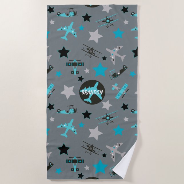 Blue Grey Airplanes Pattern Personalized Beach Towel (Front)