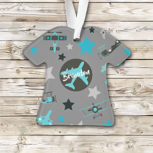 Blue Grey Airplanes Pattern Personalized Ornament