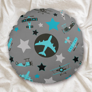Blue Grey Airplanes Pattern Round Pillow