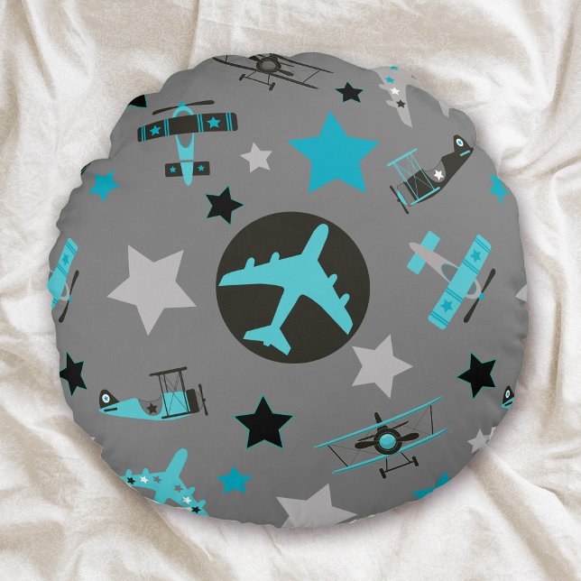 Blue Grey Airplanes Pattern Round Pillow (Creator Uploaded)