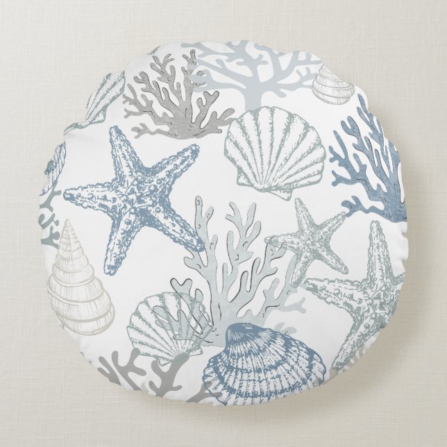Blue Grey And Beige Beachy Starfish Seashell Round Pillow (Front)