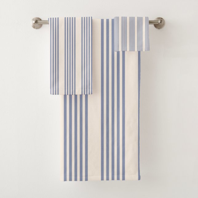 Blue-grey and beige five stripe pattern bath towel set (Insitu)