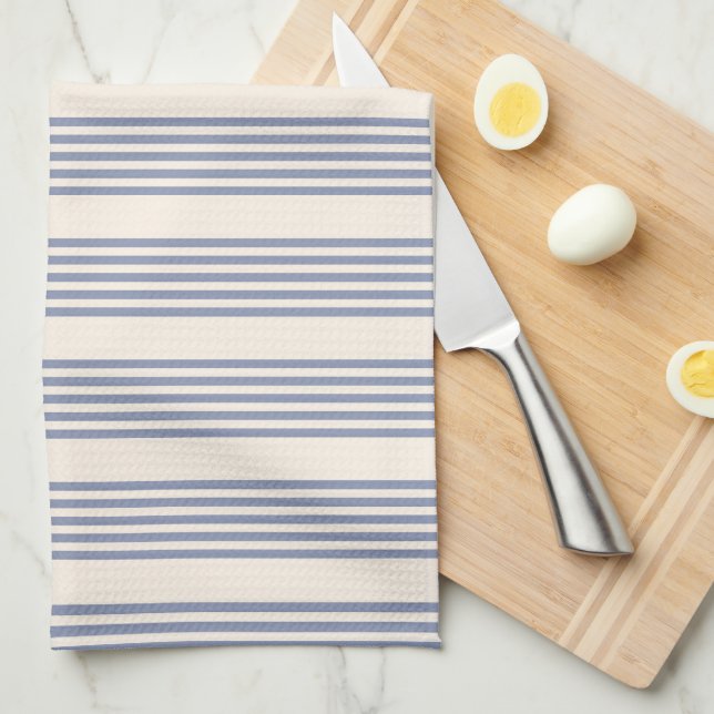 Blue-grey and beige five stripe pattern kitchen towel (Quarter Fold)