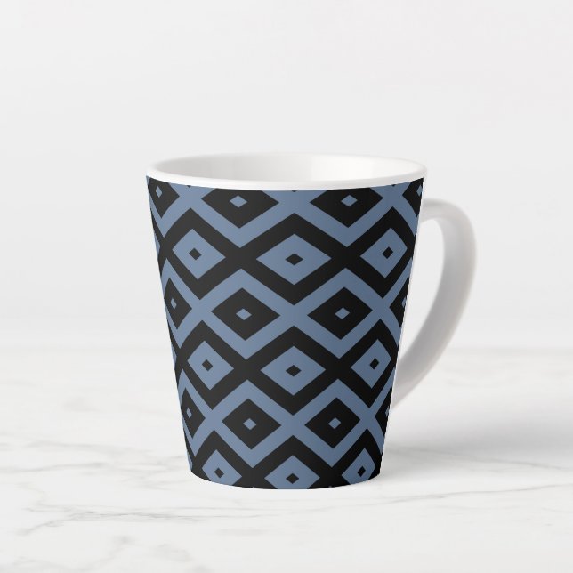 Blue grey and black diamond pattern latte mug (Right Angle)
