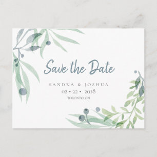 Blue Grey and Botanical Save the Date Postcard