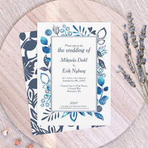 Blue-Grey and Bright Blue Floral Wedding Invitation