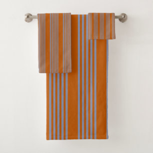 Blue-grey and burnt orange five stripe pattern bath towel set