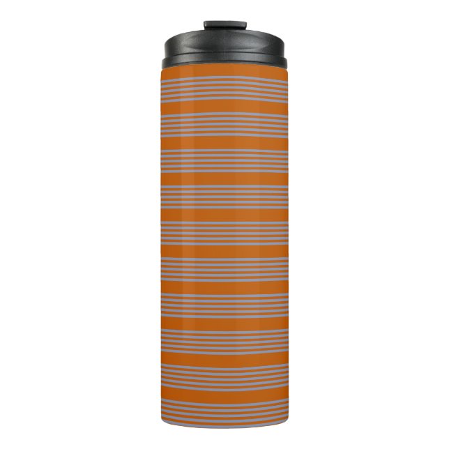 Blue-grey and burnt orange five stripe pattern thermal tumbler (Front)