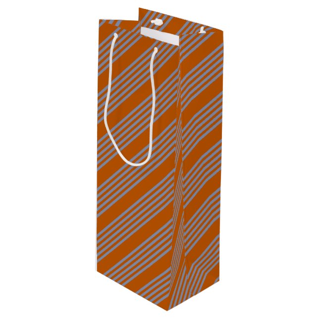 Blue-grey and burnt orange five stripe pattern wine gift bag (Front Angled)