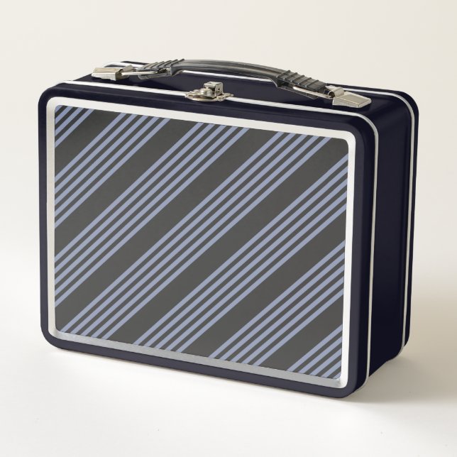 Blue-grey and charcoal five stripe pattern metal lunch box (Front)