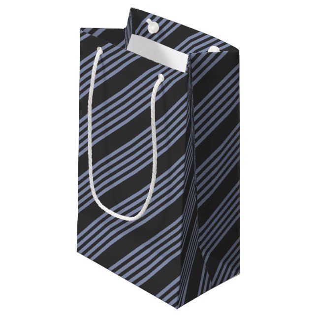 Blue-grey and charcoal five stripe pattern small gift bag (Front Angled)