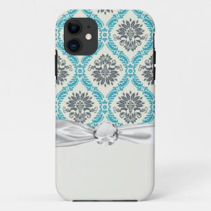 blue grey and cream elegant damask iPhone 11 case
