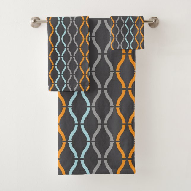 Blue, grey and orange funky stripes pattern bath t towel set (Insitu)