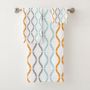 Blue, grey and orange funky stripes pattern bath towel set