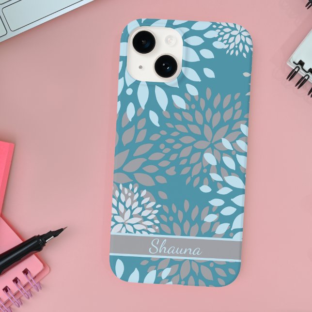 Blue Grey and Teal Modern Abstract Floral Pattern Case-Mate iPhone Case (Creator Uploaded)