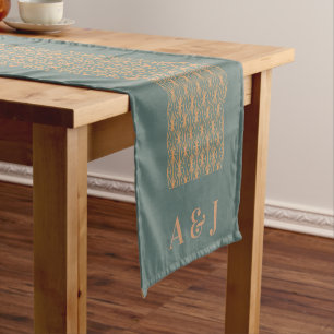 Blue Grey and Terracotta Pattern Monogram Wedding  Medium Table Runner